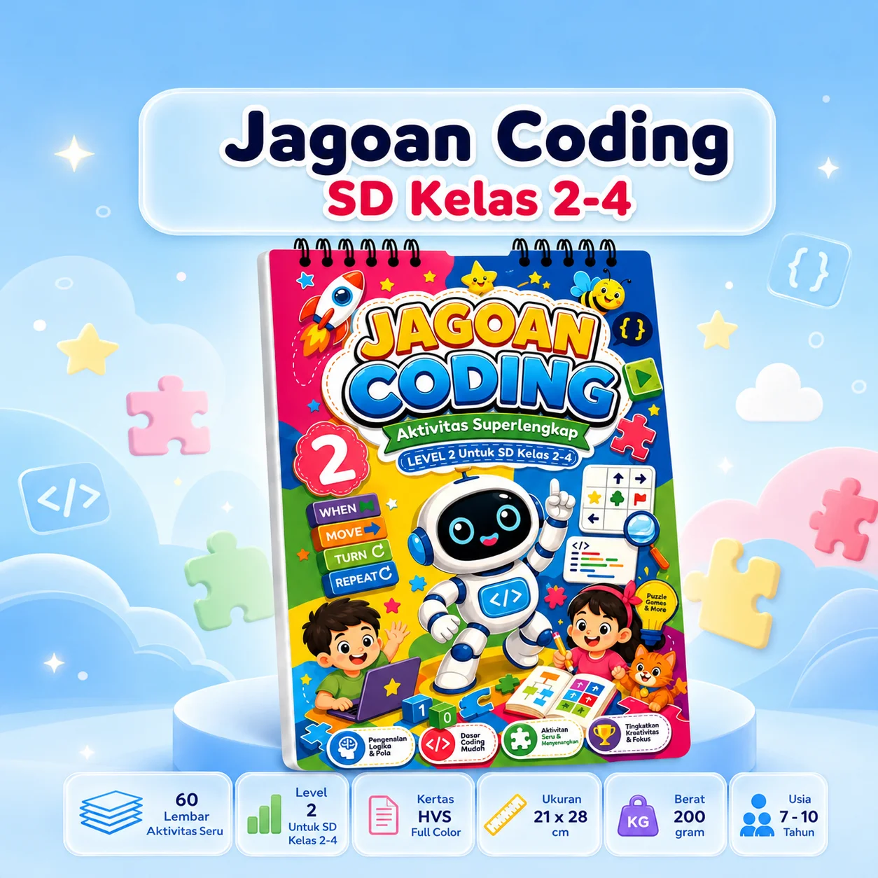 Cover buku (60 LEMBAR) Buku Edukasi Untuk Anak Jagoan Coding Level 2 - Brain Core Activation Buku Anak Lembar Aktivitas Tanpa Gadget SD Kelas 2 - 4